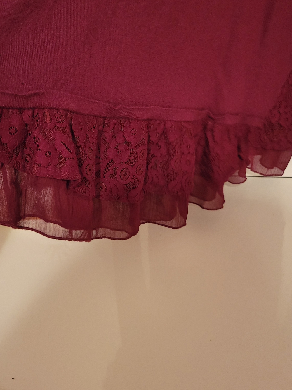 Style & Co. Burgundy Long-Sleeve Lace & Chiffon Hem Top - Picture 2 of 6